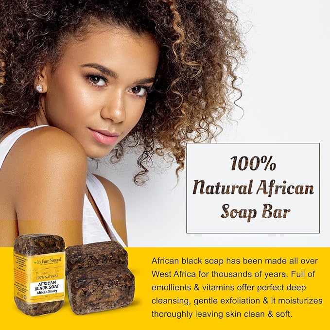 It's Pure Natural African Black Soap Bars with African Honey (Pack of 3) Organic Raw Soap for Face & Body, Acne Treatment & Dark Spot Remover [Made in Ghana]