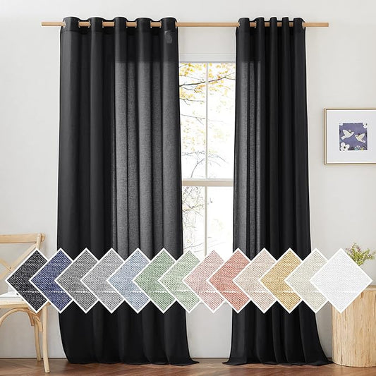 NICETOWN Linen Sheer Black Curtains for Boys Room, Grommet Semi Sheer Privacy with Light Through Linen Blend Window Drapes for Living Room/Sliding Glass Door, W70 x L84, 2 Pieces