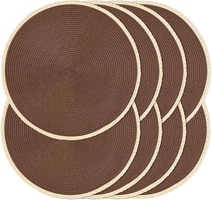 Noctiflorous Round Braided Placemats Set of 8 Table Mats 15 Inches Washable Heat Resistant for Dining Table Non-Slip Indoor Outdoor Place Mats for Easter(01 Chestnut Brown 8)