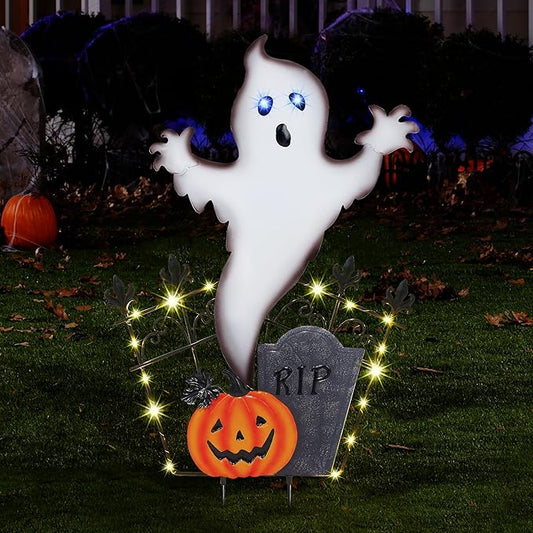 Joliyoou 29.5" H Halloween Yard Stake, Solar Lighted Metal RIP Tombstone with Glow-in-Dark Skull, 18 LED Purple LED Lights Spooky Yard Sign for Outdoor Lawn Garden Decorations