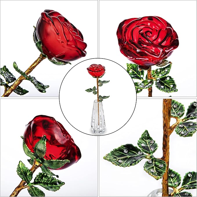 HDCRYSTALGIFTS Crystal Rose Flower Figurine Collectible Flower Gifts for Women,Crystal Glass Flower Collectible Ornaments for Christmas Home Table Centerpiece