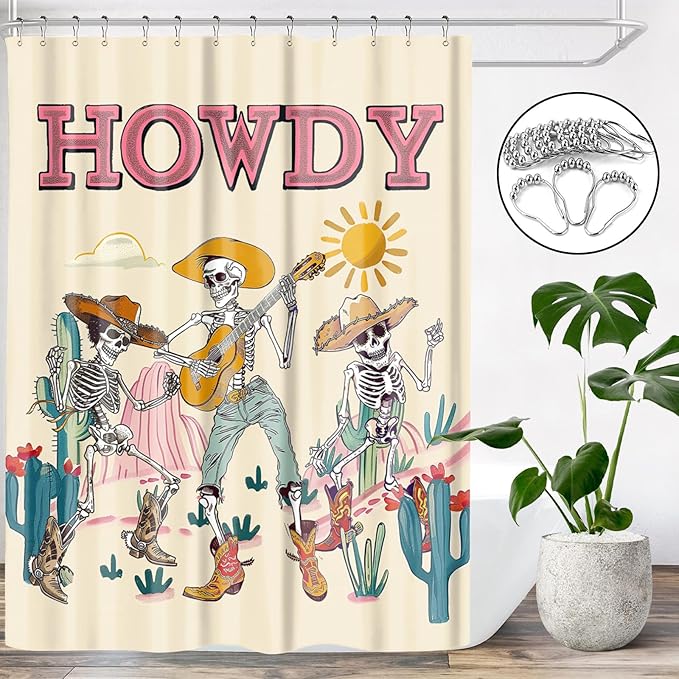 Funny Gothic Skull Shower Curtain Western Skeleton Shower Curtains for Bathroom Decor Waterproof Polyester Fabric Country Mountain Cactus Bathroom Curtain with Hooks 55x72 Inch