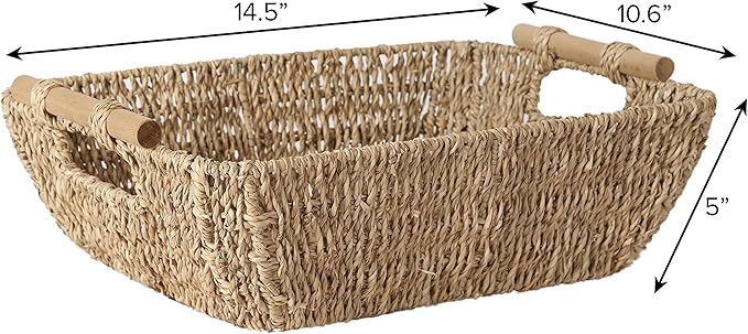 Artera Shallow Wicker Storage Basket - Medium Woven Seagrass Baskets with Wooden Handles for Bathroom, Kitchen Pantry Organizing, Perfect as Drawers, 15" x 10.6" x 5,3" (2, M)