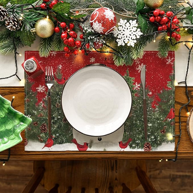 Artoid Mode Red Snowman Trees Bird Christmas Placemats Set of 8, 12x18 Inch Seasonal Winter Table Mats for Party Kitchen Dining Decoration