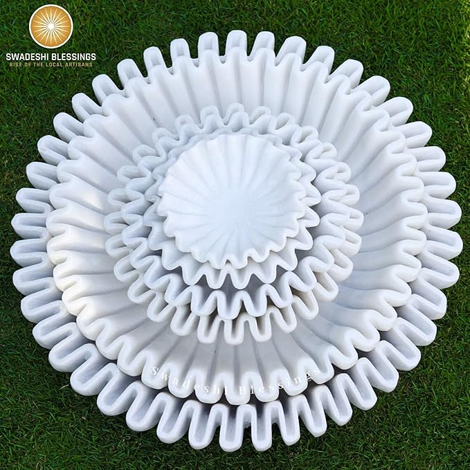 SWADESHI BLESSINGS HandCrafted Marble Ruffle Bowl/Antique Scallop Bowl/Fruit Bowl/Vintage Ring Dish/Decorative Flower Dish/HouseWarming Gift/Wedding Gifts/Urli (10 Inches)