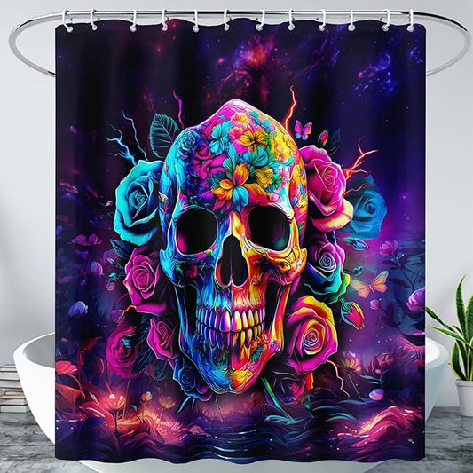 AILONEN Sugar Skull Shower Curtain for Bathroom,Romantic Rose Flower Skull Bath Curtain Decoration,Colorful Skeleton Print Waterproof Purple Curtain with 12 Plastic Hooks, 72" W*96" H