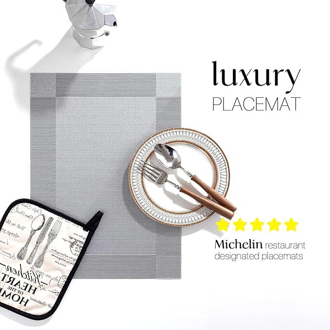 LEXMORE Placemats Set of 6 Vinyl/Plastic Woven Place Mats for Kitchen Table Indoor/Outdoor Washable Placemat Wipeable Dining Table Mats(Silver Cube)