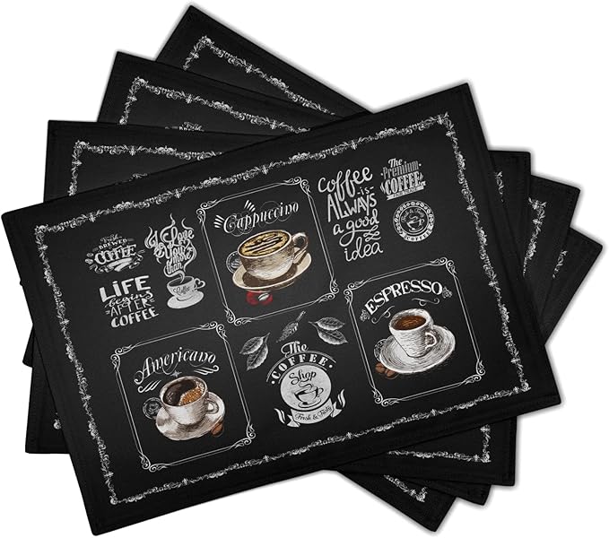 Giwawa Coffee Placemts Set of 4, 12"x18" Black Cafe Life Themed Coffee Beans Maker Espresso Cup Print, Washable Heat-Resistant Linen Placemats for Dining Table Party