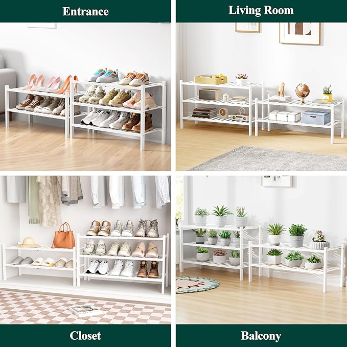 Smiry Bamboo Shoe Rack for Closet, 5 Tier Wooden Stackable Shoe Organizer, Free Standing Shoes Storage Shelf for Entryway, Front Door Entrance, White