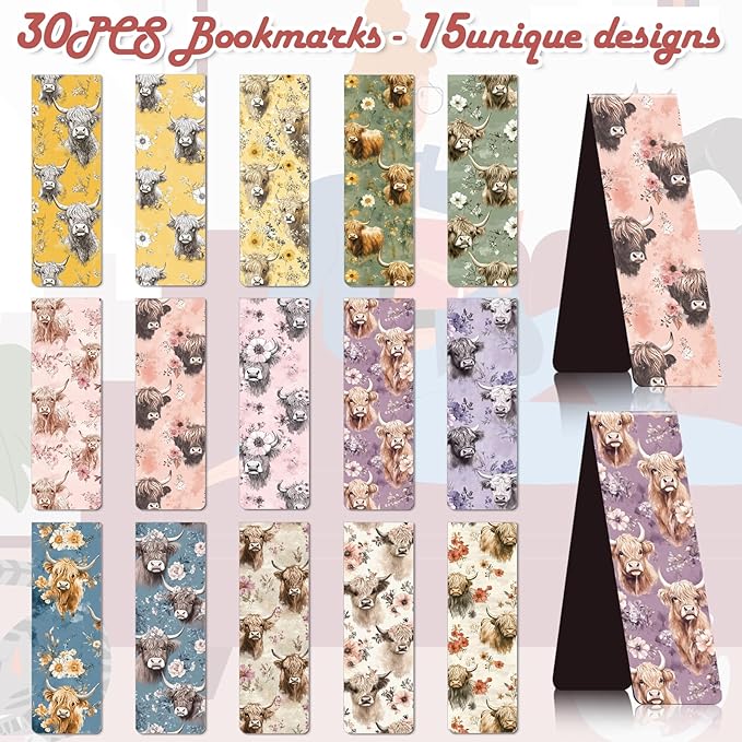 Highland Cow Floral Magnetic Bookmark - Wxiben 30 Pcs Watercolor Highland Cow Bookmarks Magnetic Cute Animal Magnets Book Markers Page Clip Gifts for Women Men Teen Students Teacher Reading Office
