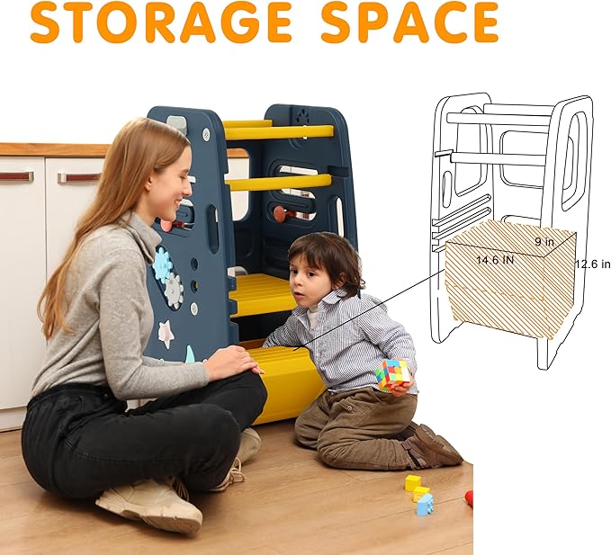 SDADI Multifunctional Toddler Tower with Double Safety Rails - Adjustable & Non-Slip for Kitchen and Bathroom Use - Montessori Step Stool for Kids, Dark Blue and Yellow