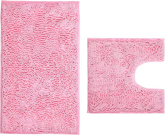 Pink Bathroom Rugs 2 Pieces Chenille Bath Rug Mat, Extra Thick and Soft Absorbent Bath Rugs, Machine Washable, Non-Slip Plush Bath Mats for Tub, Shower, and, (Pink, 32"x20"+U Shape 20"x20")