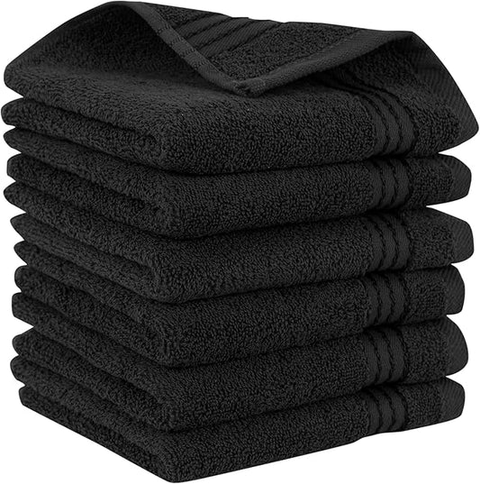 Elegant Comfort Premium Turkish Cotton 6 Pack Washcloths Set - 13 x 13 inch, Luxurious Hotel Spa Quality 100% Turkish Cotton 6PC Washcloth Set - Highly Absorbent - Soft Bathroom Towels, Black
