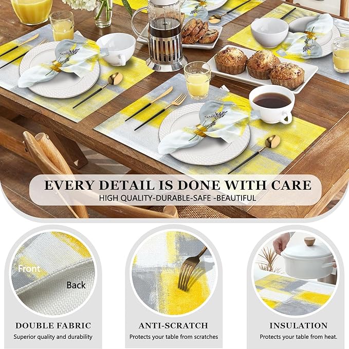 MCALK 4 Each Yellow Placemats and Cloth Napkins Set of 8, Modern Abstract Art Painted Placemat for Home Kitchen Decor (Placemats 18 "x12 Cloth Napkins 18 "x18)