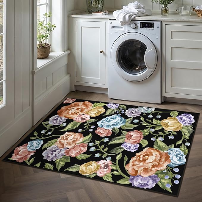 Black Area Rug 2x3 Floral Entryway Entrance Door Mat Indoor Non Slip Kitchen Carpet Washable Bedroom Small Low Pile Accent Rug for Office Living Dining Room Bathroom Farmhouse