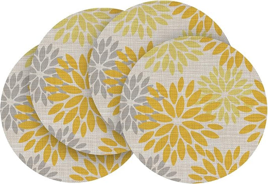 Artoid Mode Yellow Dahlia Plastic Round Placemats Set of 4, 14 Inch Seasonal Wipeable Woven Vinyl Table Mats for Farmhouse Party Kitchen Dining Decor