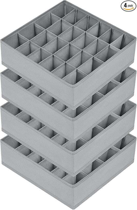 Joyoldelf Sock Drawer Organizer Divider Underwear Organizer 24-cell Fabric Dresser Drawer Organizers Storage Boxes for Socks Lingerie, Handkerchiefs, Ties 4 Pack (Grey)