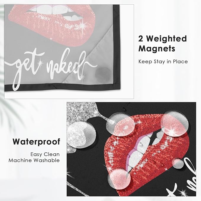 Red Lips No Hook Shower Curtain with Snap in Liner, Diamond Glitter Get Naked Black Bath Curtain with Double Layers Waterproof Fabric and Mesh Top Window 71x74 Inch