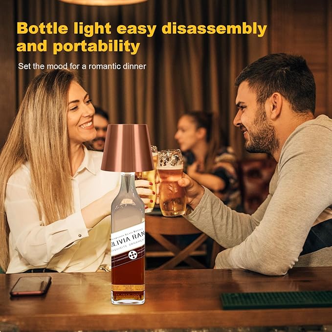 Wine Bottle Lamp, 2025 New 3 Color Rechargeable Wireless Bottle Lamp for Liquor Bottles with Touch Dimming for Parties, Restaurants & Home Decor (Rose Gold)
