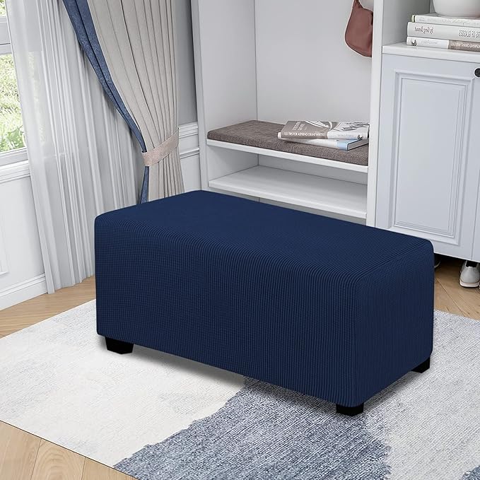 Easy-Going Stretch Ottoman Cover Folding Storage Stool Furniture Protector Soft Rectangle slipcover with Elastic Bottom(Ottoman Large,Navy)