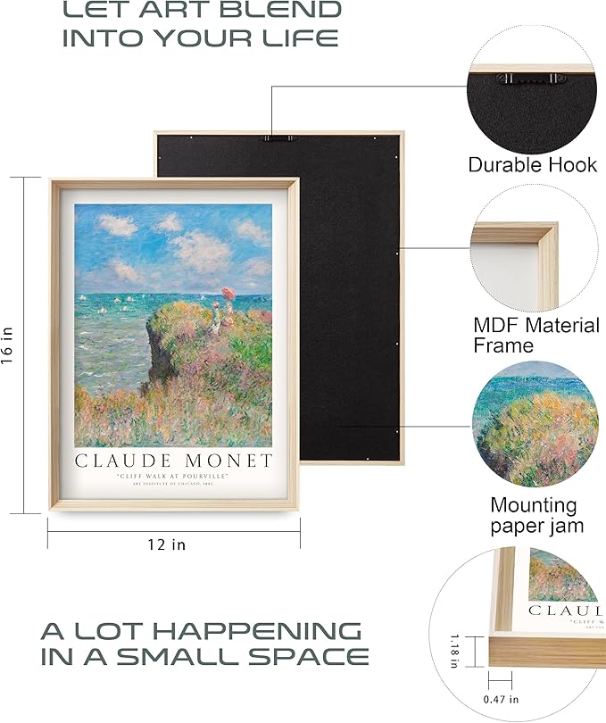 HesenDot Claude Monet Framed Wall Art,12x16in High Framed Canvas Prints, Impressionism Landscape Painting Poster Wall Decor,Vintage Home Decoration for Living Room Bedroom Gallery Office,Set of 3