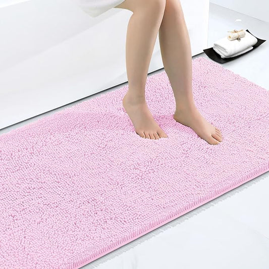 Smiry Luxury Chenille Bathroom Rugs 44x24, Extra Soft and Absorbent Shaggy Bath Mat, Machine Washable, Non-Slip Plush Carpet Runner for Tub, Shower, and Floor, Home Decor Accessories, Pink