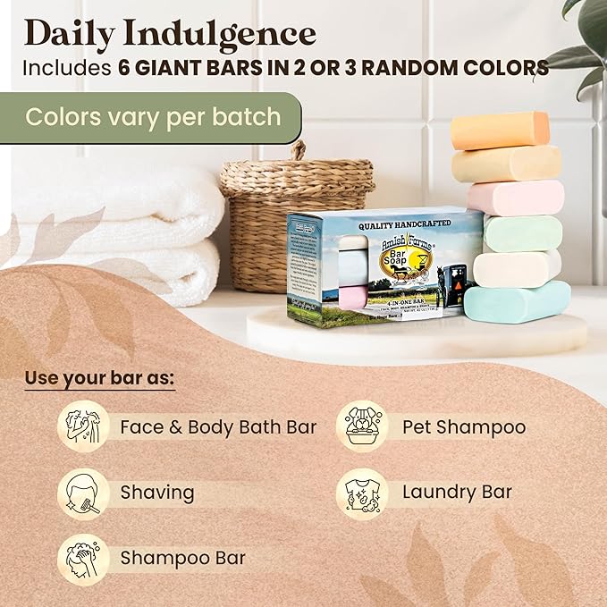 Amish Farms Bar Soap w/All Natural Bentonite Clay (6 Bars) Made in USA, Vegan Moisturizing for Sensitive Skin | Women & Mens Face & Body Bar Bath Soap for Shower | Clean Scent | 5 Ounce Each