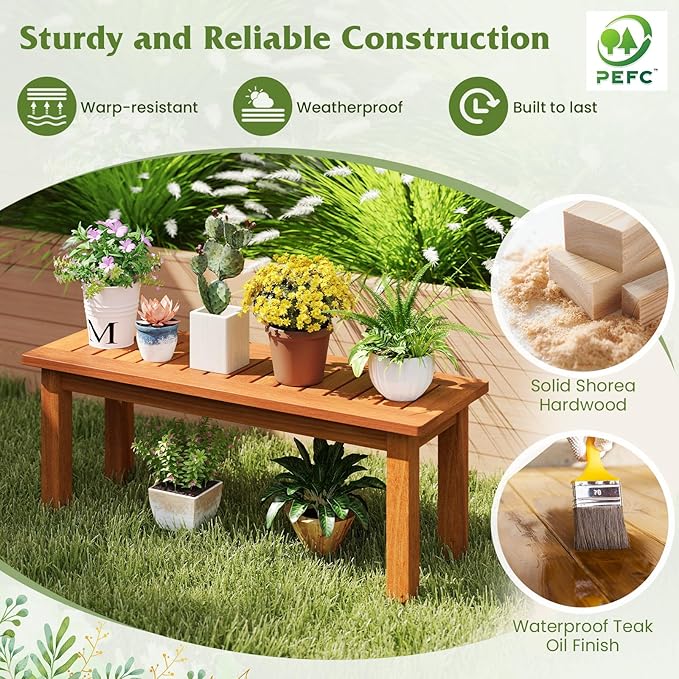 Tangkula Wooden Plant Stand, Outdoor Indoor Solid Wood Flower Pot Holder Display Shelf with Teak Oil Finish, Slatted Top, Rustic Plant Rack for Patio Garden Entryway Porch