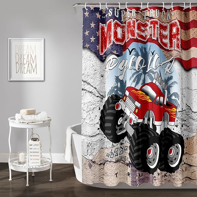 AILONEN Monster Truck Shower Curtain, American Flag Truck Bath Curtain for Boys,Red Truck Car Bathroom Decor Waterproof Fabric 48" W*72" H Inch with 12 Plastic Hooks