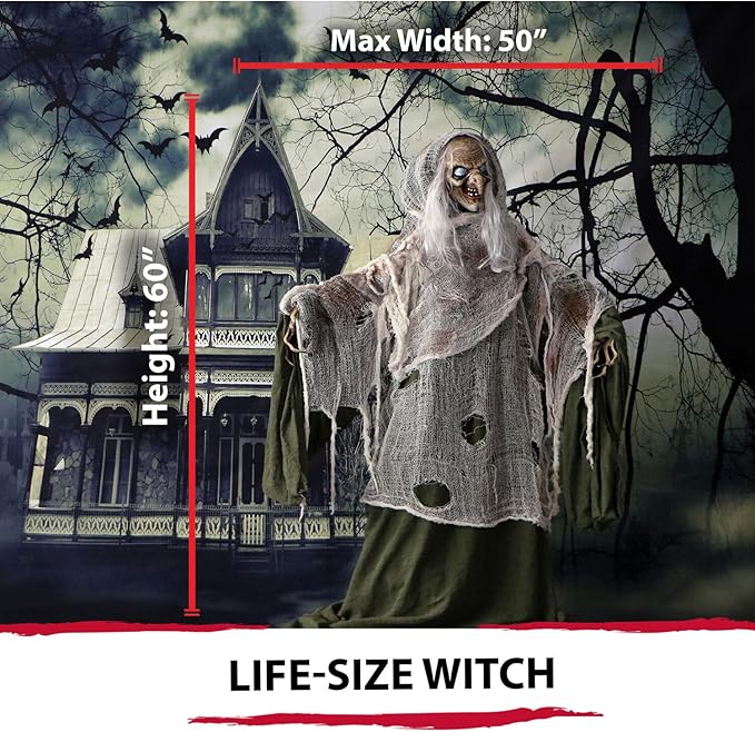 Haunted Hill Farm Life-Size Scary Talking Witch, Animatronic with Touch Activated Lights and Sound, Battery Operated Indoor or Covered Outdoor Decoration, Creepy Halloween Prop