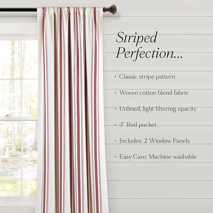 Lush Decor Farmhouse Stripe Yarn Dyed Cotton Window Curtain Panel Pair, 42" W x 84" L, Red - Classic Modern Rustic Charm - Eco Friendly Cotton Fabric