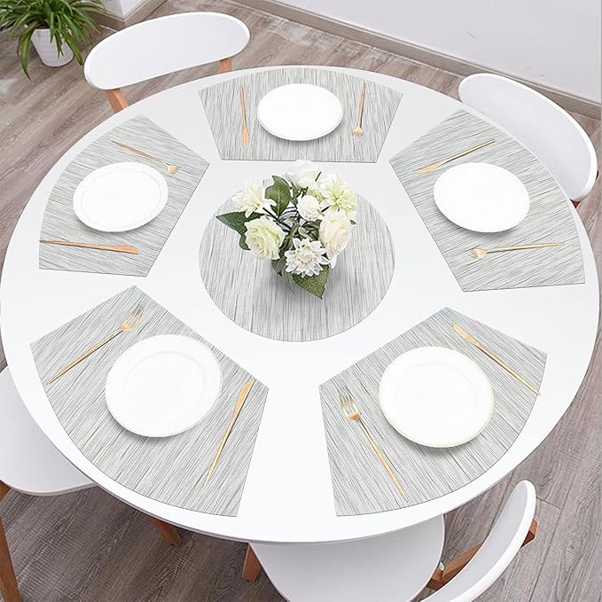SHACOS Wedge Placemats Set of 8 Woven Vinyl Placemats for Small Round Table Place Mats Wipe Clean Non Slip Table Mats, Gray White