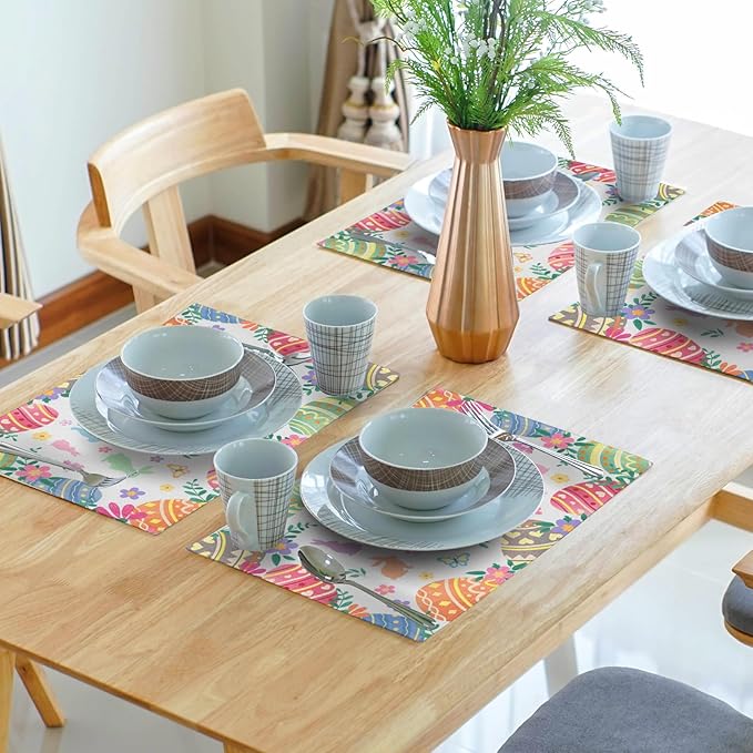 Easter Placemats Set of 4 Colorful Eggs Flowers Easter Bunny Rabbits Heat Resistant Washable Spring Seasonal Table Mats 12x18 Inch for Holiday Party Kitchen Dining Decoration