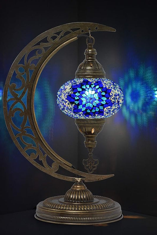 mozaist Turkish Lamp, Unique Lamps, Moon Shaped Mosaic Table Lamp, Moroccan Handmade Antique Bohemian Vintage Lamp Shade, Tiffany Desk Bedside Stained Glass Lamp with US Plug and E12 Socket
