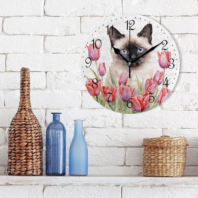 ALAZA Wall Clock Siamese Cat Red Tulips Silent Non-Ticking Decorative Wall Clocks Battery Operated 10 Inch for Home Living Room Kitchen Bathroom Bedroom