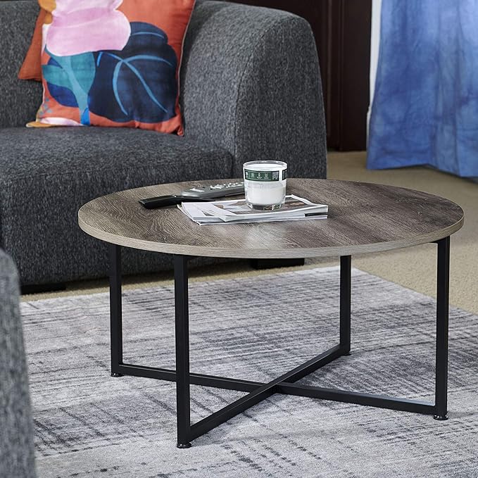Household Essentials Jamestown Round Coffee Table Ashwood Rustic Wood Grain and Black Metal 31.5 x 31.5, Taupe