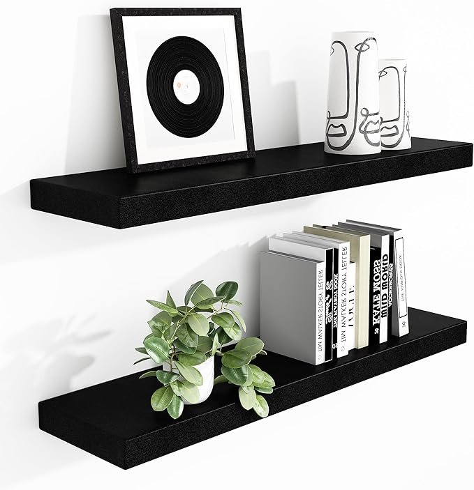 WELLAND 36 inch Black Mission Floating Shelves for Wall, Bathroom Wall Mount Shelves, Wood Modern Display Shelves, Book Shelves,for Bedroom,Living Room and Kitchen