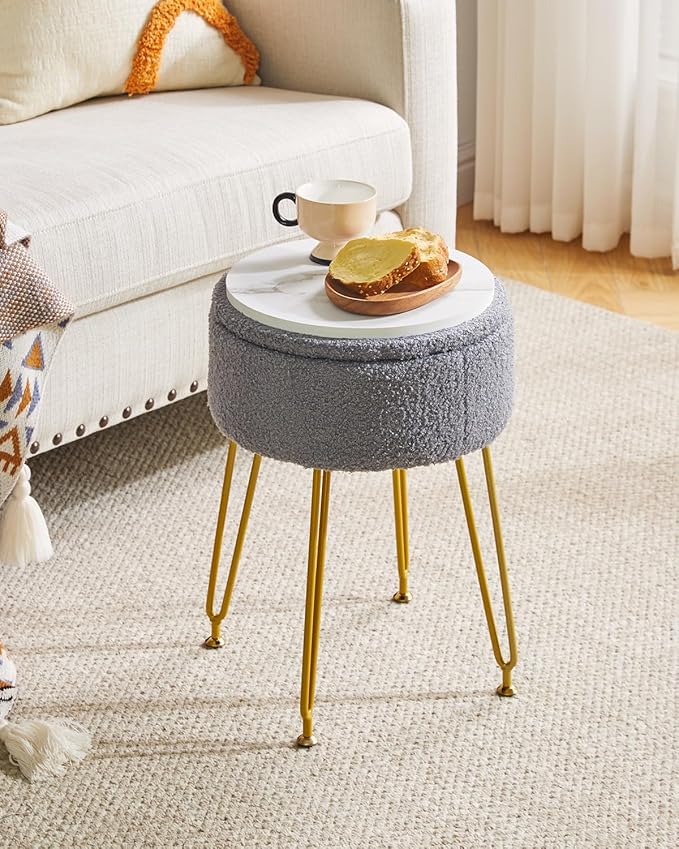 IBUYKE Teddy Velvet Storage Footrest Stool Ottoman, Makeup Vanity Stool Side Table with Removable Cover, Golden Steel Legs, Coffee Table Top Cover, Gray WBD010G