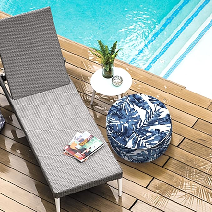 LVTXIII Indoor/Outdoor Inflatable Ottoman, All Weather Round Footrest Stool with Handle, D21”x H9” Portable Fade Resistant Pouf Ottoman for Patio Garden Camping or Home-Palm Blue