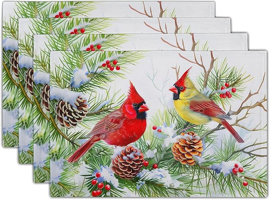 Giwawa Winter Birds Placemats Set of 4, Christmas Tree Holly Berry Pine Cones Place Mat for Kitchen Dining, Xmas Snow Scene Non-Slip Washable Table Mats 12"x18" for Tabletop Holiday Party Decor