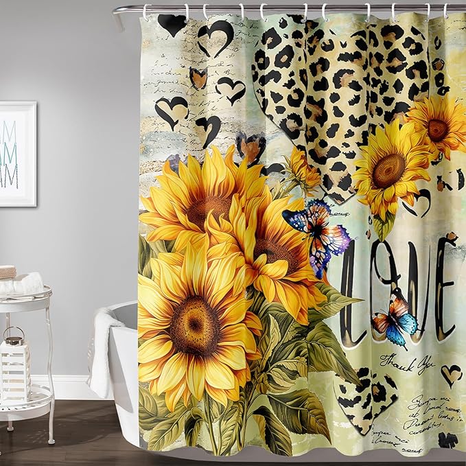 AILONEN Sunflower Waterproof Shower Curtain,Yellow Sunflower Bath Curtain for Girls Women,Romantic Hearts Butterfly Flower Bathroom Curtain with 12 Plastic Hooks, 72" W x 72" H