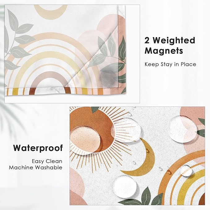 Boho Mid Century No Hook Shower Curtain with Snap in Liner, Sun Moon Leaves Orange Bath Curtain with Double Layers Waterproof Fabric and Mesh Top Window 71x74 Inch