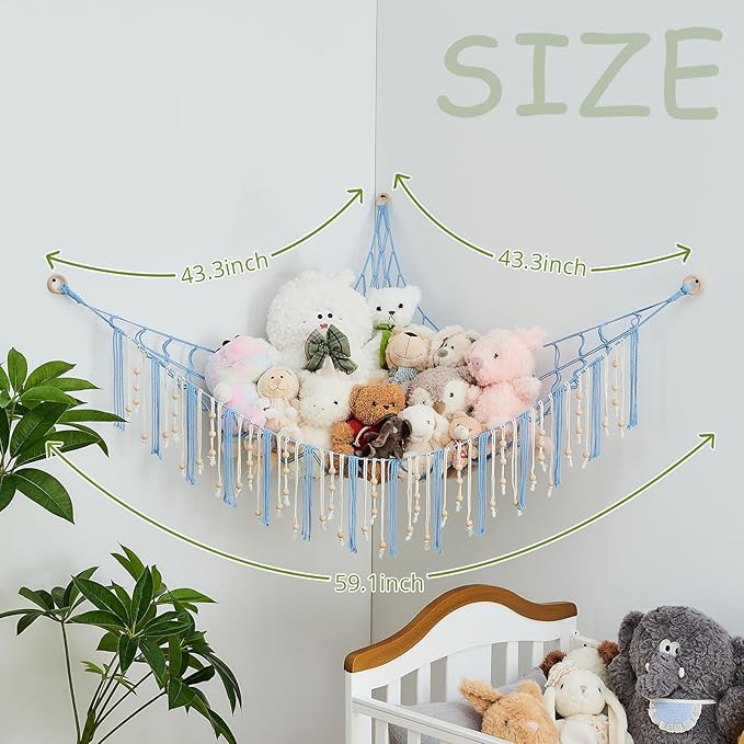 Pretty Jolly Stuffed Animal Storage Hammock with Wooden Beads Corner Hanging Net Boho Tassel for Toy Plush Holder for Kid Room Nursery Decor Wall Display Organizer for Girls Boy Gift(Light Blue)