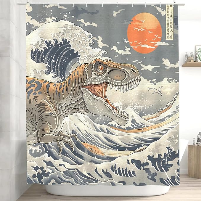 Dinosaur Shower Curtain for Bathroom, Dino Shower Curtain for Kids Boy,Funny Cool Japanese Ocean Wave Dinosaur Polyester Shower Curtain Waterproof Washable Durable 12 Hooks 72"x72" Dinosaur Decor