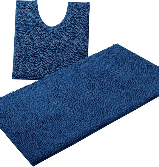 Bathroom Rugs Sets 2 Piece, Luxury Chenille Bath Mat Set, Soft Plush Anti-Slip Bath Rug + U-Shaped Toilet Mat. Microfiber Shaggy Carpet, Super Absorbent (24” x 36” & 20” x 24” U, Blue)