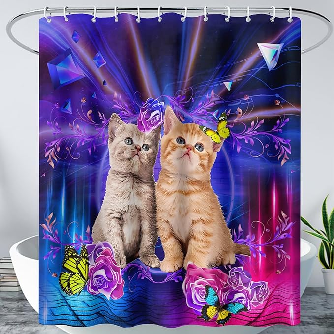 AILONEN 3D Cat Shower Curtain,Cute Kitten Shower Curtain Set for Kids Boys Girls,Cat Lovers Animal Shower Curtain for Bathroom,Rose with Butterfly Bath Curtain with Hooks,36" W*72" H