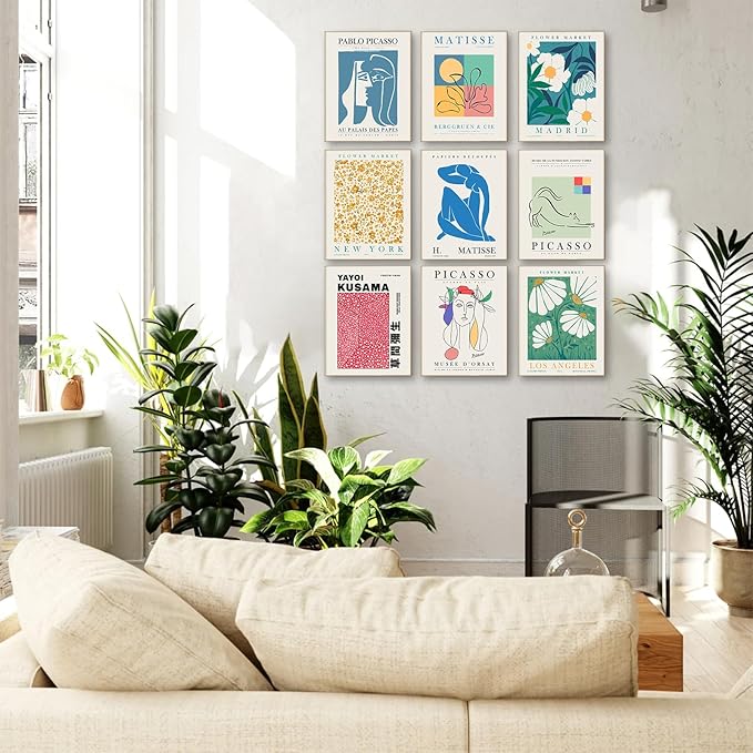 Eclectic Gallery Wall Art Set of 9, Abstract Matisse Poster Flower Market Prints, Minimalist Wall Decor Canvas Paintings, Trendy Aesthetic Room Decor for Bathroom, Bedroom, Living Room, Office(8"x10")
