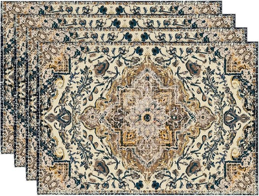 Artoid Mode Boho Placemats Set of 4, Daily Blue Teal Flowes Bohemia Table Mats for Home Party Dining Decoration 12x18 Inch