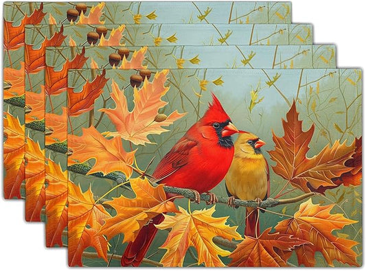 Giwawa Fall Birds Placemats Set of 4, 12"x18" Autumn Trees Maple Leaves Chestnuts Table Mats, Thanksgiving Harvest Heat Resistant Washable Linen Place Mat for Kitchen Dining Holiday Party Decor