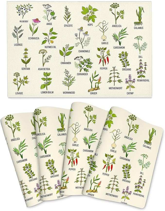Cute Herbs Botanic Garden Plants Placemats Set of 4 Linen Washable Heat-Resistant Kitchen Table Mats for Dining Outdoor Spring Summer Holiday Home Decor 12x18 Inch